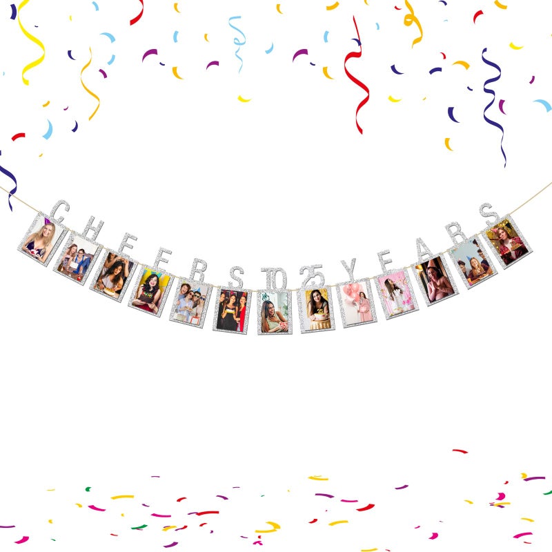INNORU Cheers to 25 Years Photo Banner with Photo Frame 25th Birthday Sign Bunting 25th Marriage Anniversary Birthday Milestone Anniversary Party Photo Banner Decoration, Glitter Silver - Image 2